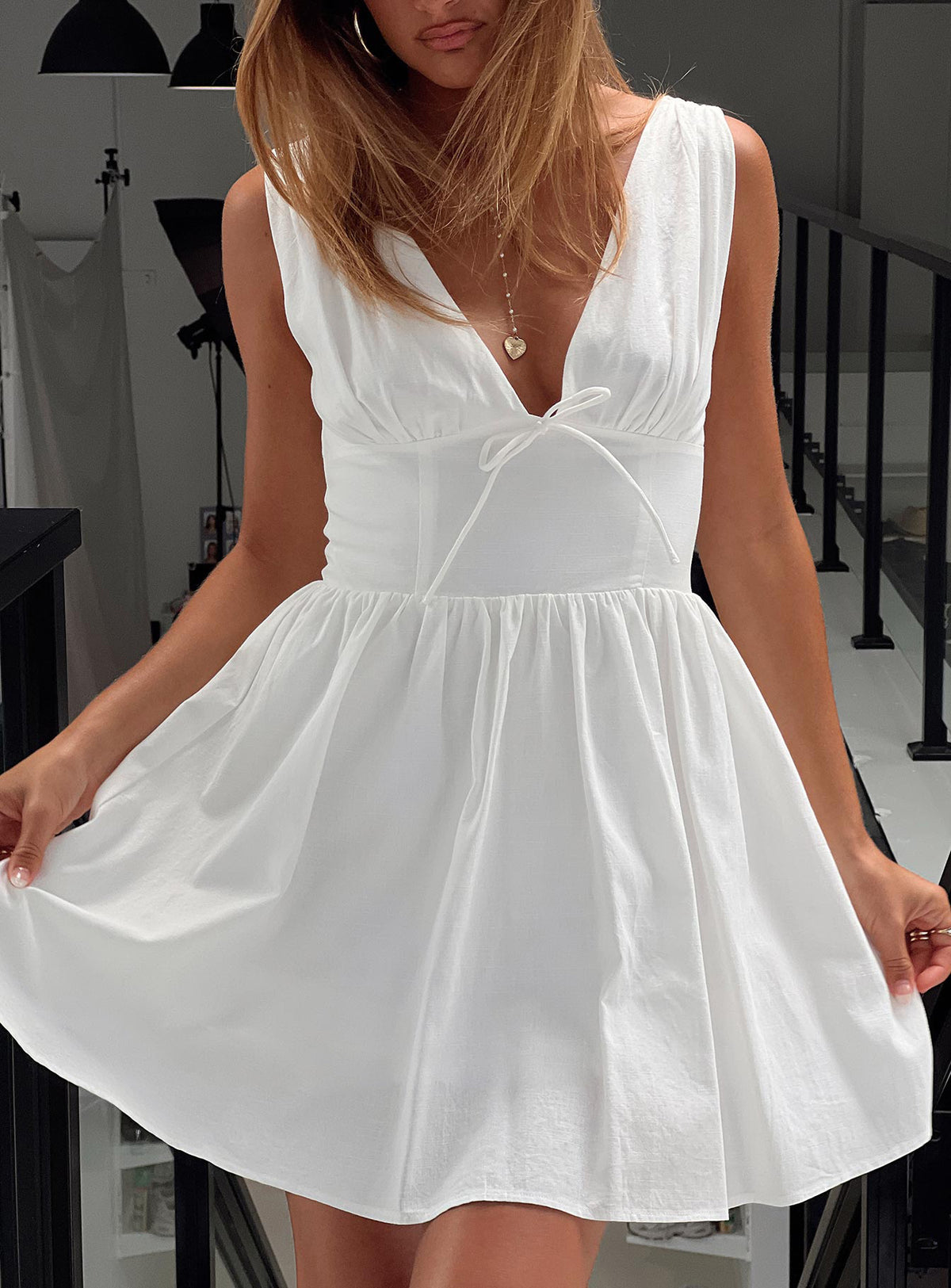 front view of model wearing Princess Polly Mattison Plunge Mini Dress White Plunger 