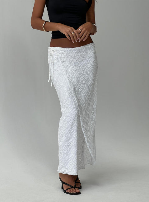   front view of model wearing Princess Polly Ring Her Up Lace Wrap Maxi Skirt White Maxi Skirts Skirts 