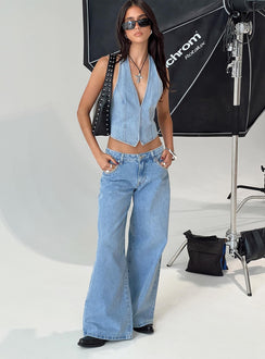 front view of model wearing Princess Polly Pearlisle Low Rise Baggy Jeans Light Wash Low Rise Jeans Jeans 