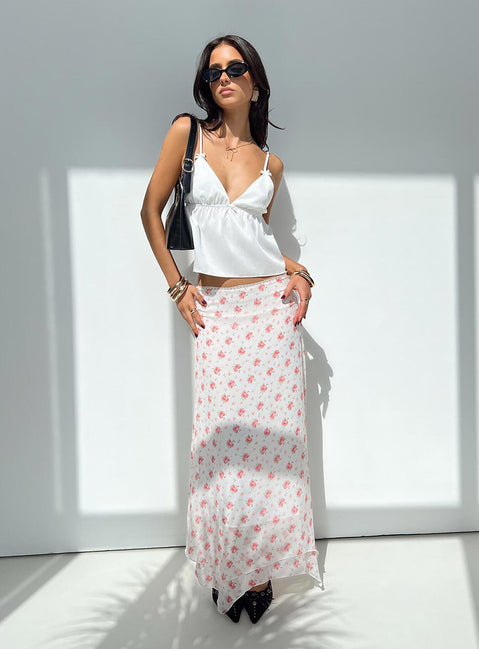   side view of model wearing Princess Polly Dancing In A Field Maxi Skirt Pink Floral Maxi Skirts Skirts 