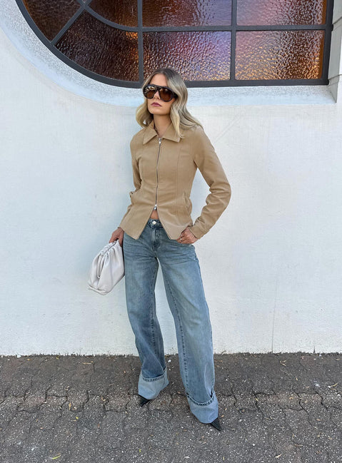 front view of model wearing Princess Polly Ezia Wide Cuff Baggy Jeans Raw Denim Mid Rise Jeans Jeans 
