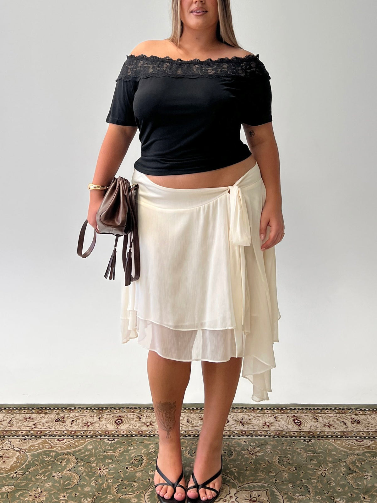 Featuring the Ophella Tie Waist Chiffon Midi Skirt Cream Curve in womens-skirts with midi length front view of model wearing Princess Polly
