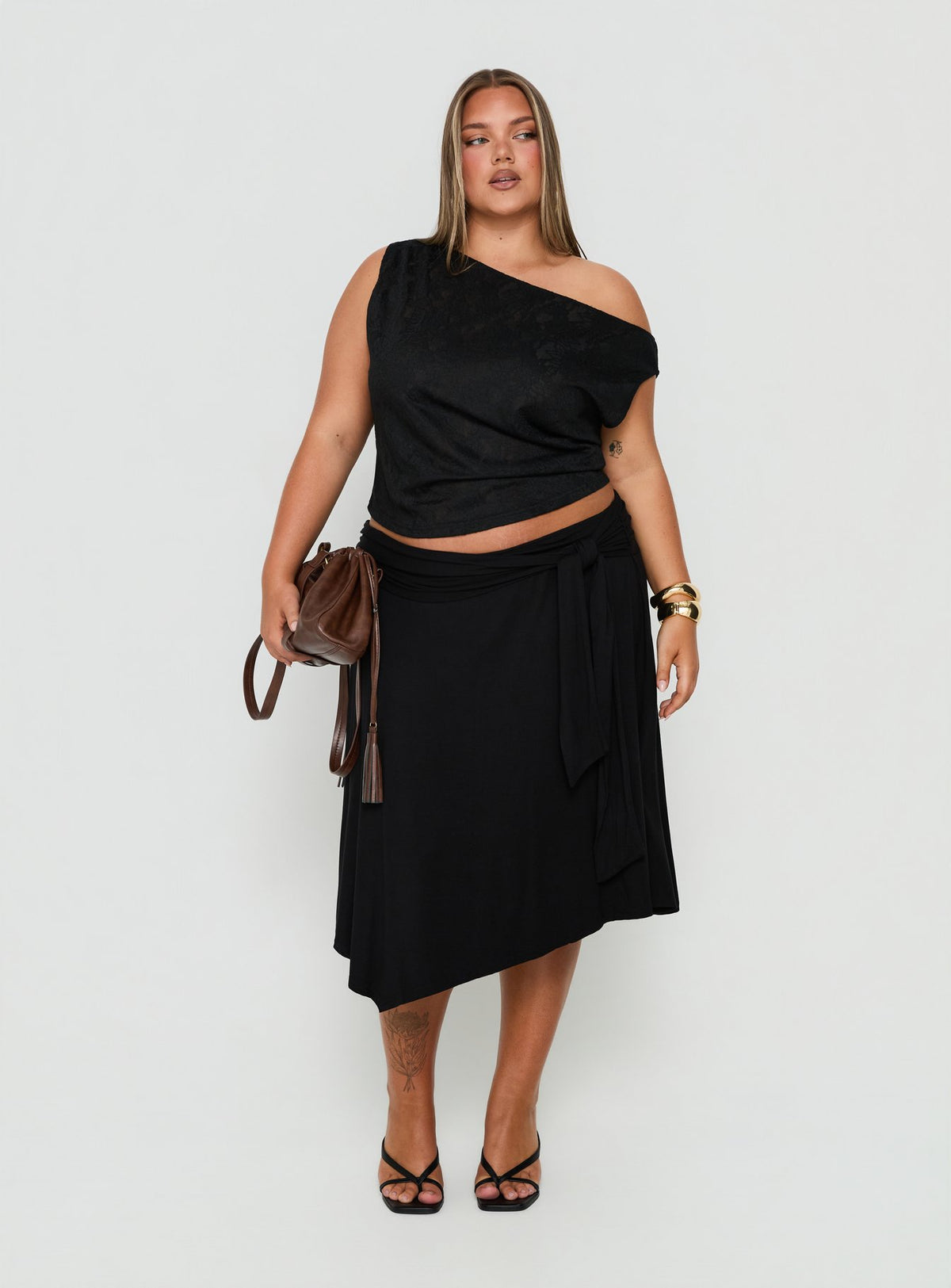Soft Focus Tie Waist Midi Skirt Black Curve