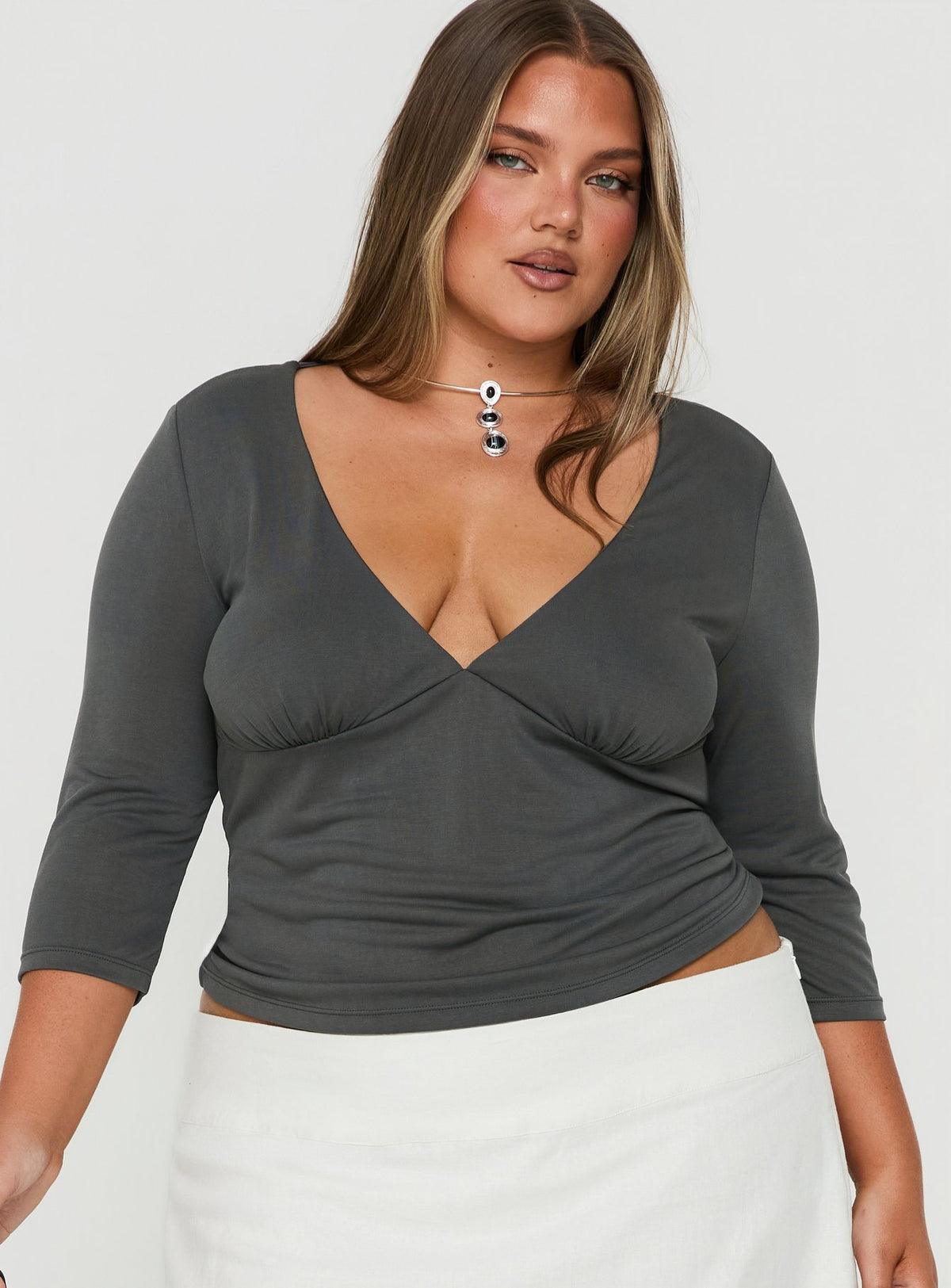 Back To Friends V Neck 3/4 Sleeve Top Grey Curve