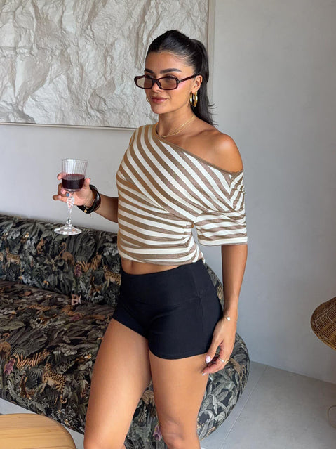 Emlynn Off Shoulder Top Brown Stripe