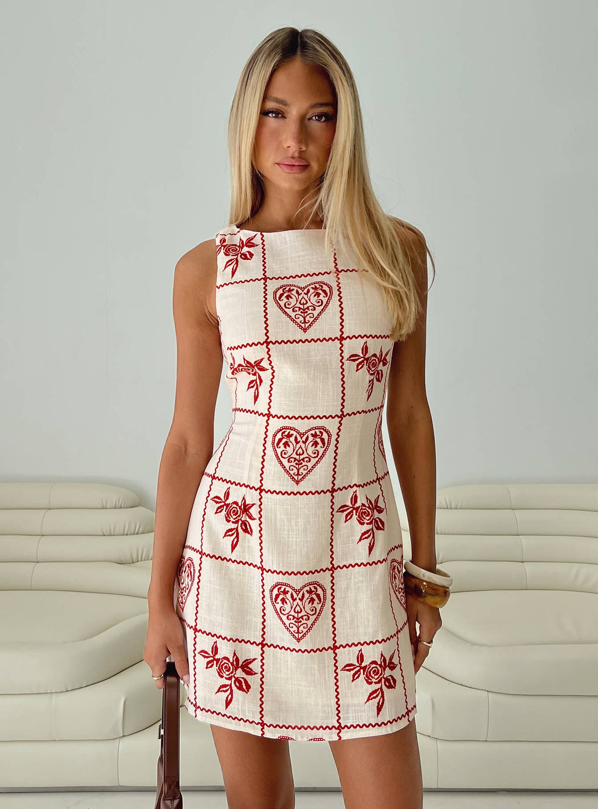 front view of model wearing Princess Polly Alfalfa Shift Mini Dress Red Floral Check Crew Neck 