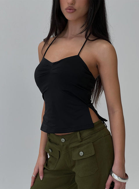 side view of model wearing Princess Polly Rehna Halter Top Black Sleeveless Sweetheart 