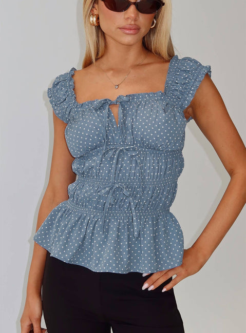 back view of model wearing Princess Polly Scouts Honour Shirred Top Blue / White Short Sleeves Square Neck 