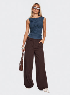 front view of model wearing Princess Polly Lustre Wide Leg Pant Brown Pinstripe Low Rise Pants 