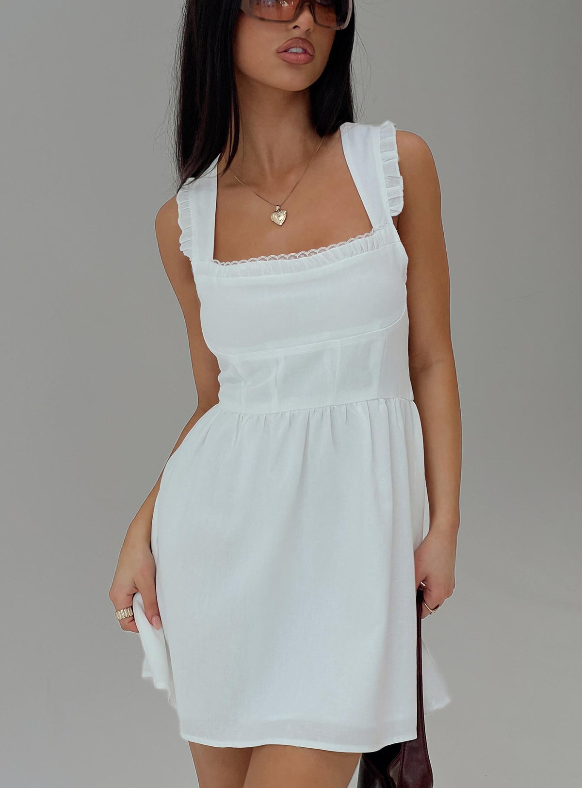 front view of model wearing Princess Polly Mochi Mini Dress White Square Neck 