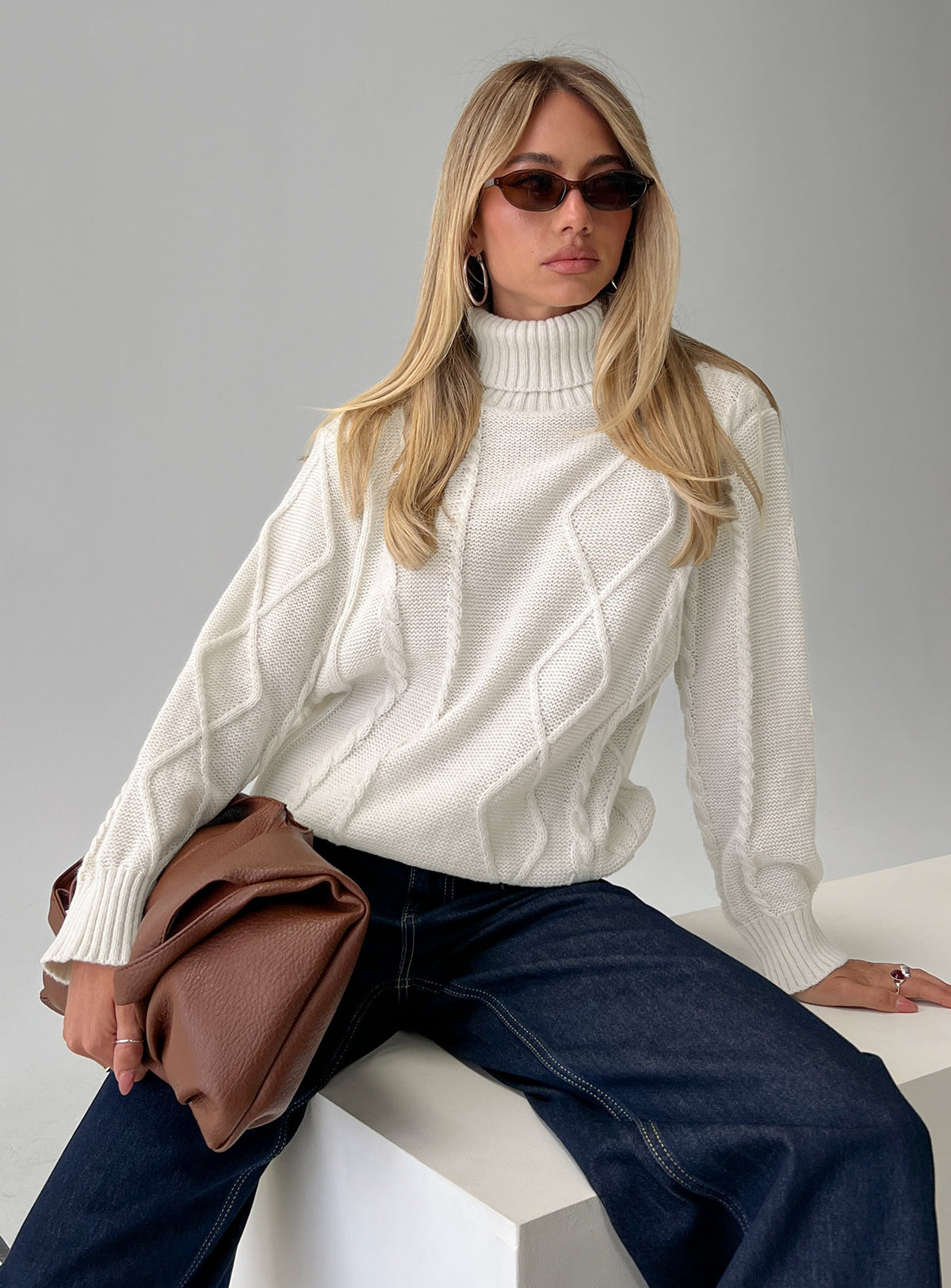 product Princess Polly Tarynne Cable Knit Turtle Neck Sweater Beige Longline Jumpers Jumpers 