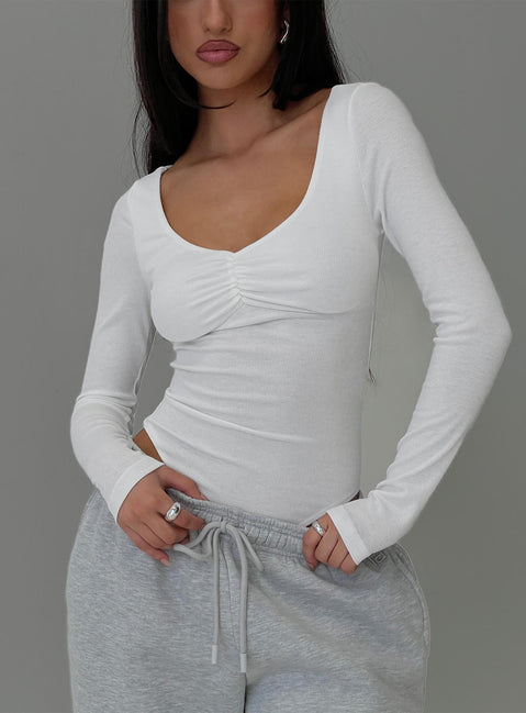 front view of model wearing Princess Polly Lunella Bodysuit White Long Sleeve Tops Bodysuit 