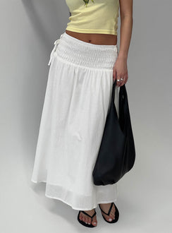 back view of model wearing Princess Polly Vence Ruched Maxi Skirt White Maxi Skirts Skirts 