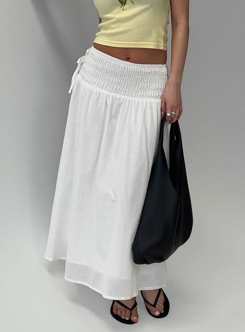 back view of model wearing Princess Polly Vence Ruched Maxi Skirt White Maxi Skirts Skirts 