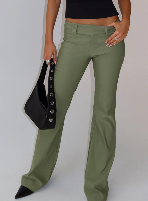 side view of model wearing Princess Polly Kinkirk Flared Pants Olive Green Low Rise Pants Pants 
