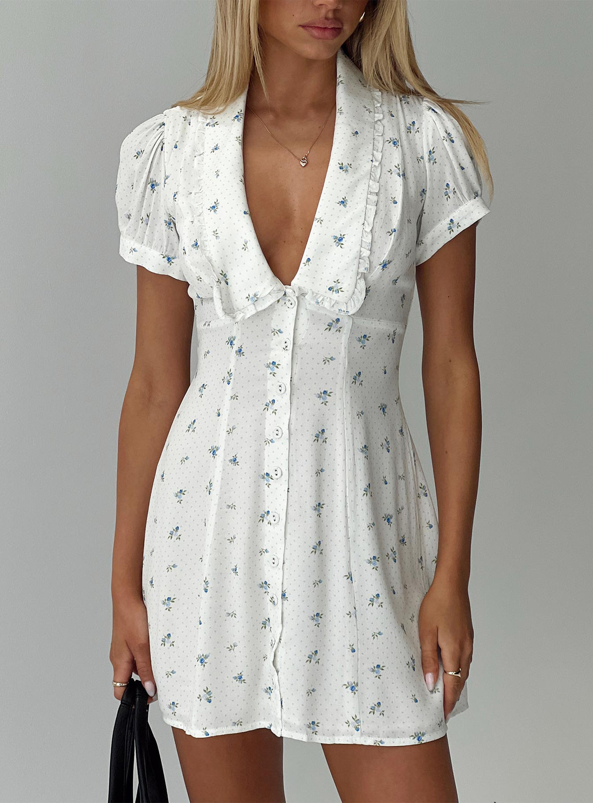 front view of model wearing Princess Polly Fabiola Collared Mini Dress Floral Plunger 
