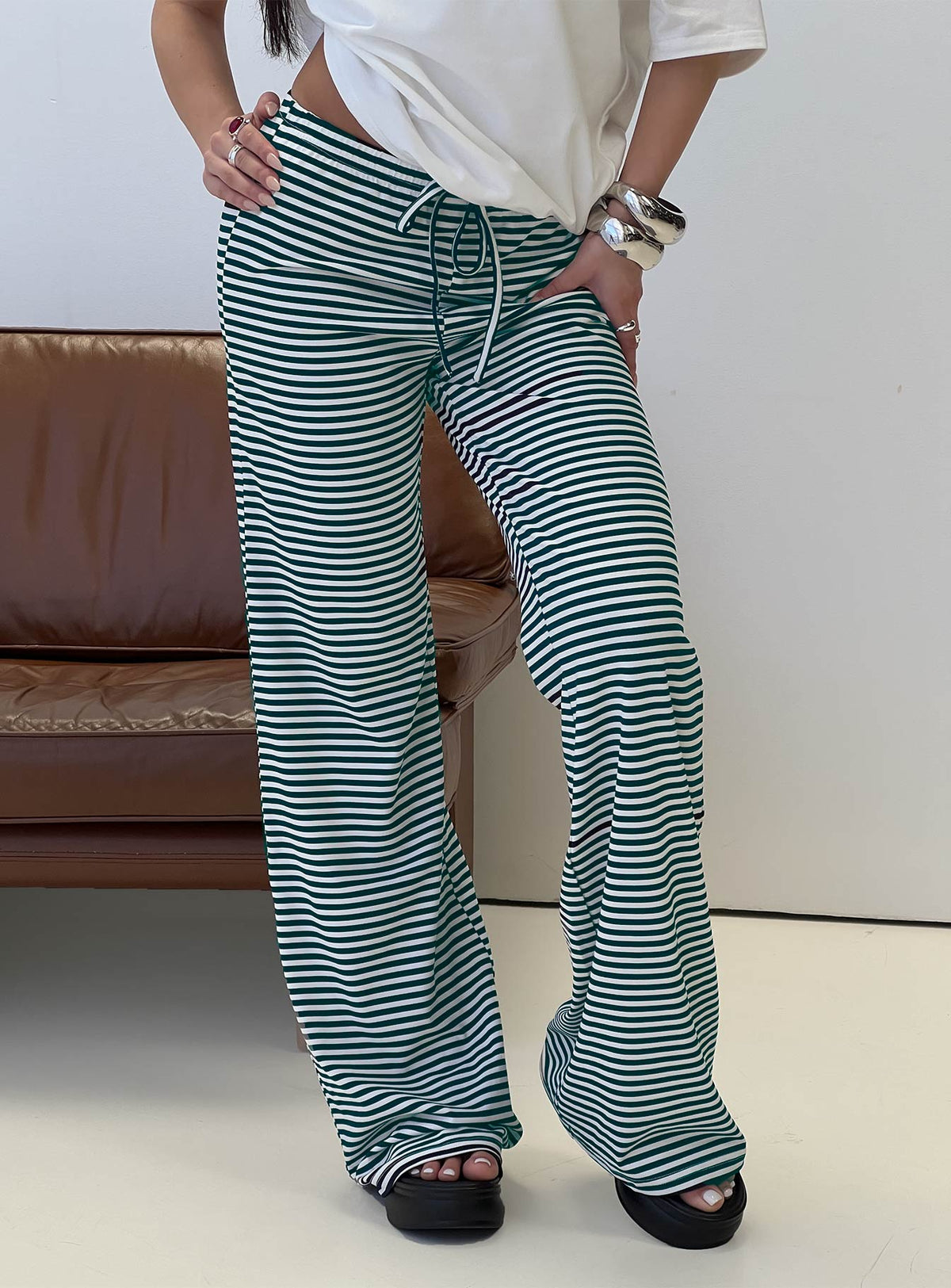 front view of model wearing Princess Polly Alfreda Jersey Pants Navy Stripe High Rise Pants Pants 