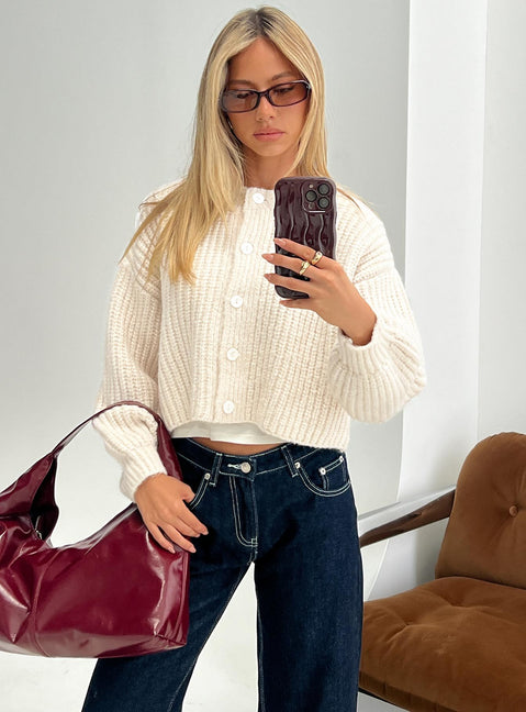 front view of model wearing Princess Polly Hadly Knit Cardigan Cream Cropped Jumpers Jumpers 