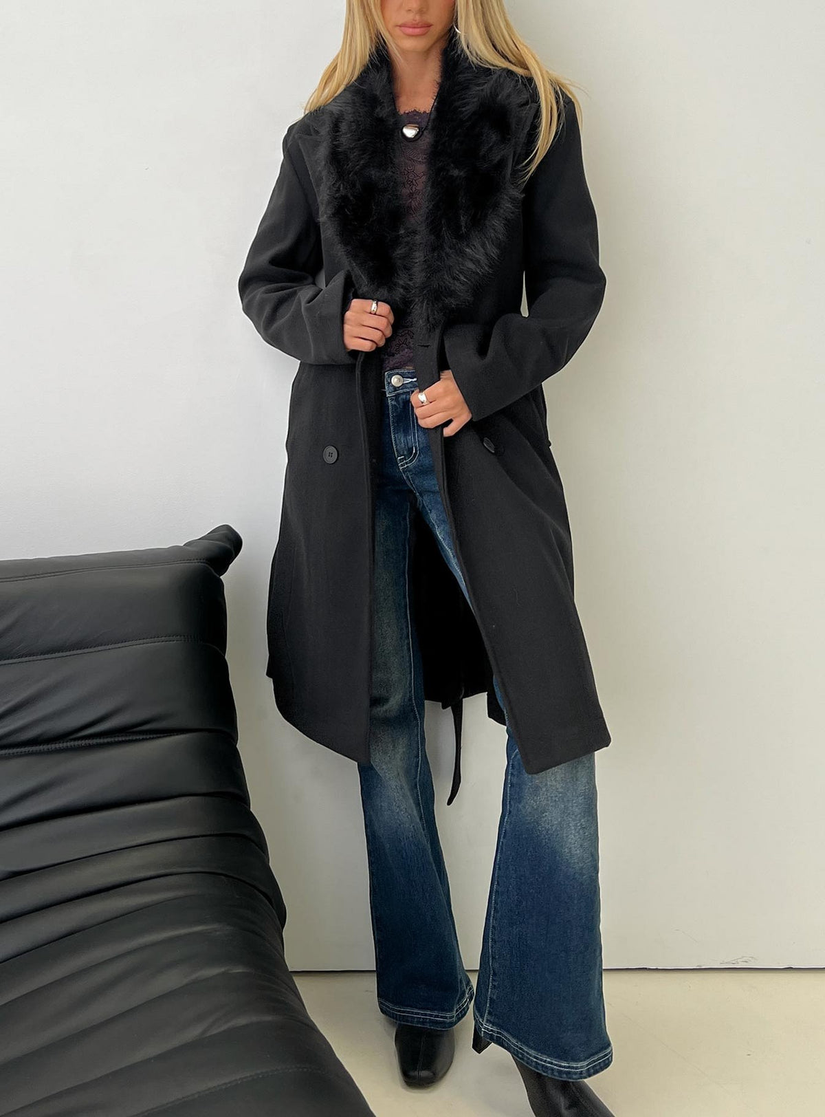 Hallyn Faux Fur Collar Coat Black