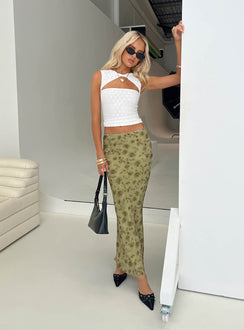 back view of model wearing Princess Polly Piazia Maxi Skirt Green Maxi Skirts Skirts 