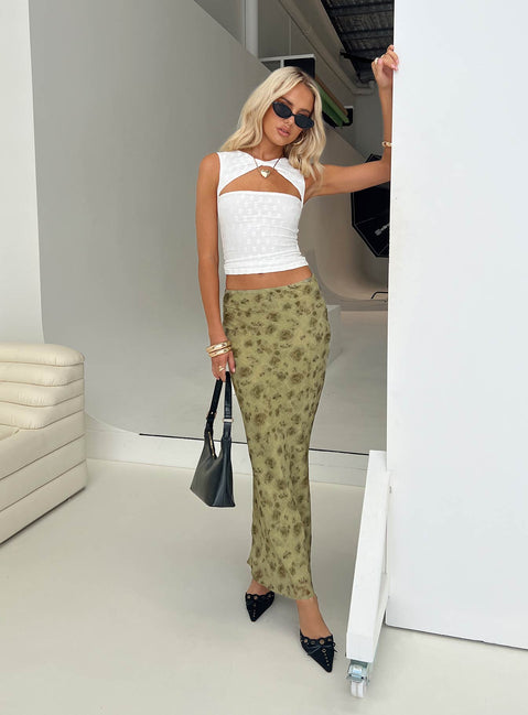 back view of model wearing Princess Polly Piazia Maxi Skirt Green Maxi Skirts Skirts 
