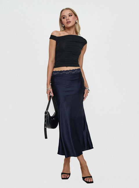   side view of model wearing Princess Polly The Charmaine Maxi Skirt Navy Midi Skirts Skirts 