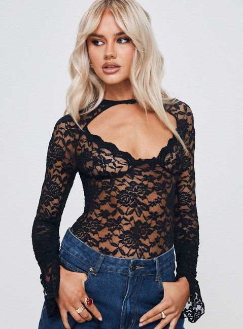back view of model wearing Princess Polly Giallo Long Sleeve Bodysuit Black Long Sleeve Tops Bodysuit 