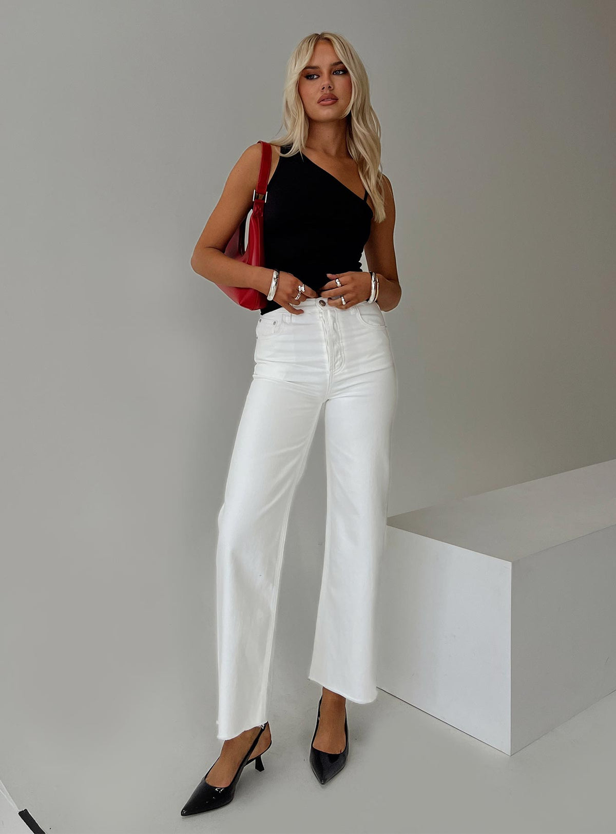 front view of model wearing Princess Polly Fawcett High Rise Straight Leg Jeans White High Rise Jeans Jeans 