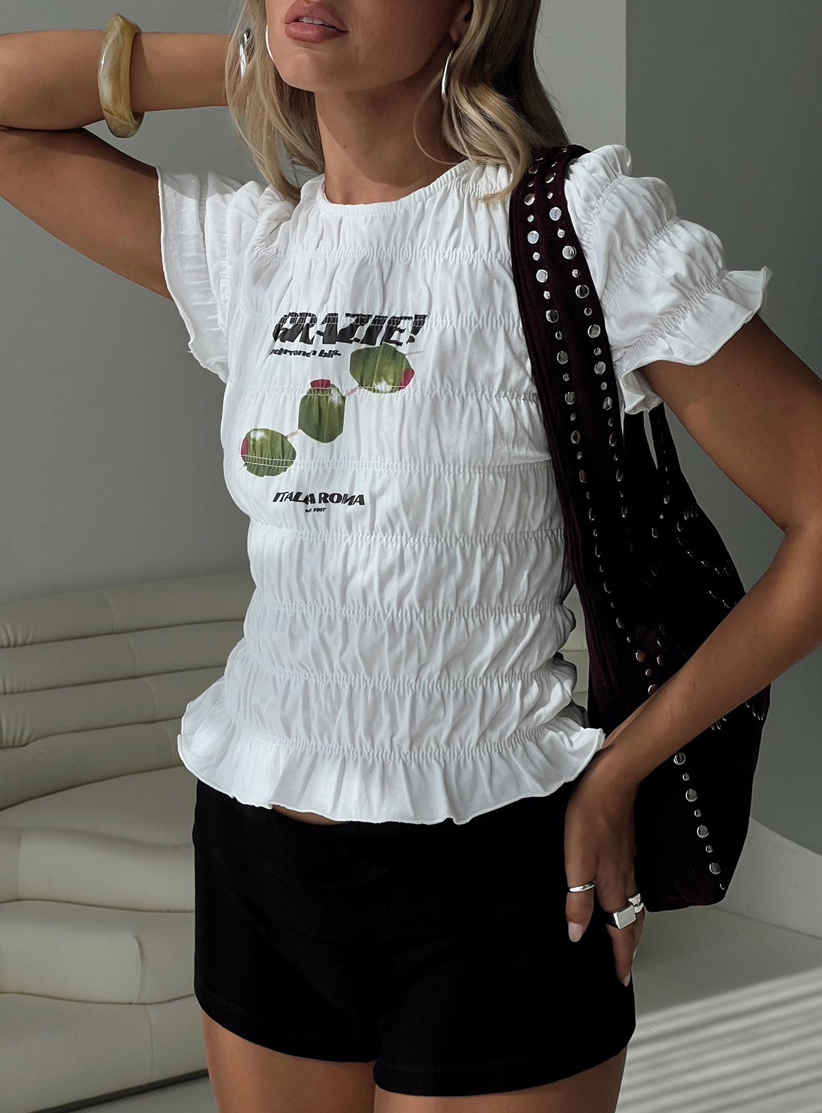 front view of model wearing Princess Polly Grazie Mille Shirred Graphic Top White / Green Short Sleeves Crew Neck 