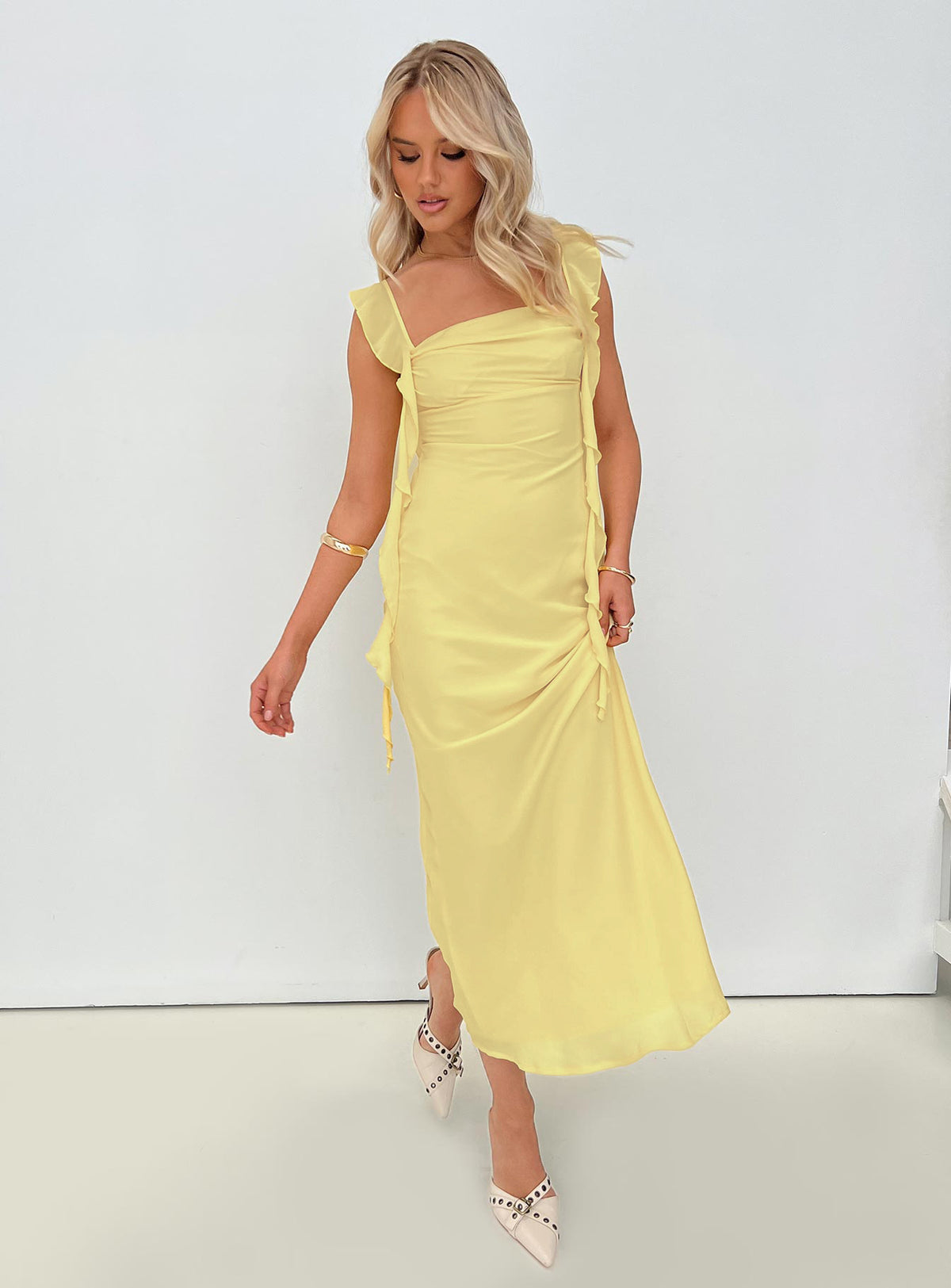 front view of model wearing Princess Polly Lanai Maxi Dress Lemon Square Neck 