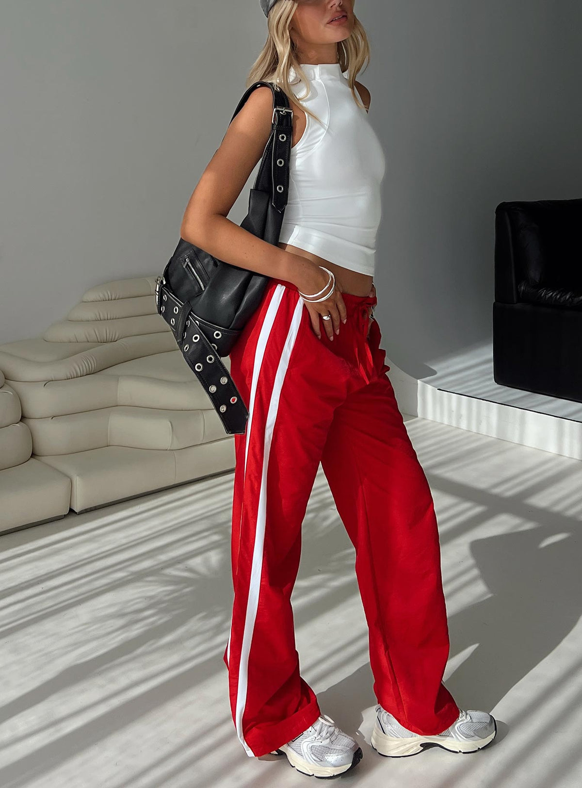 front view of model wearing Princess Polly Keli Track Pants Red / White High Rise Pants Pants 