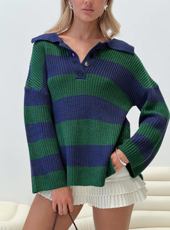 front view of model wearing Princess Polly Olivah Jumper Blue / Green Longline Jumpers Jumpers 