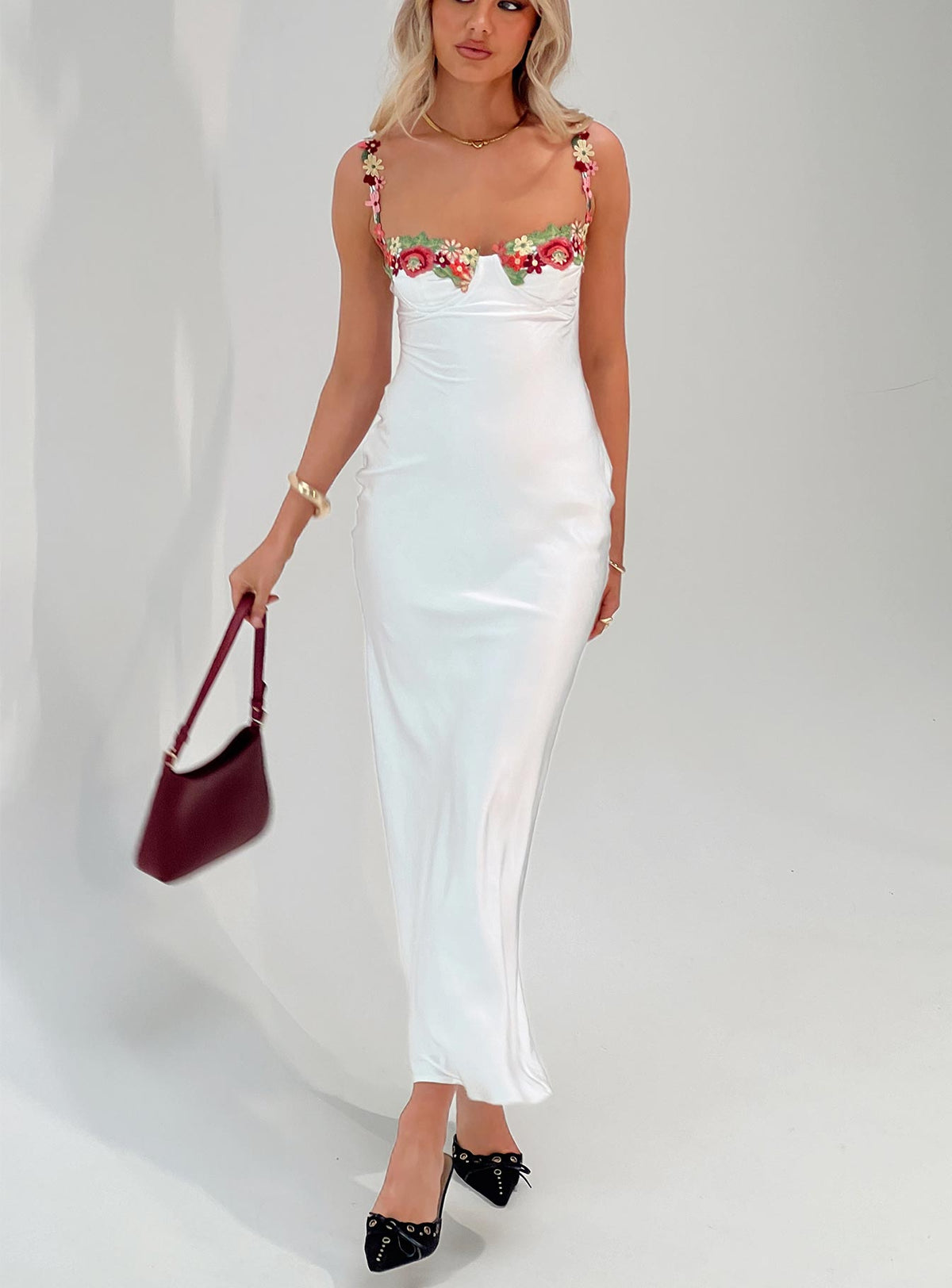 front view of model wearing Princess Polly Kenzie Maxi Dress White Sweetheart Neckline 