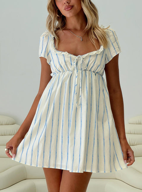 front view of model wearing Princess Polly Monsterrat Mini Dress Blue Stripe Sweetheart Neckline 