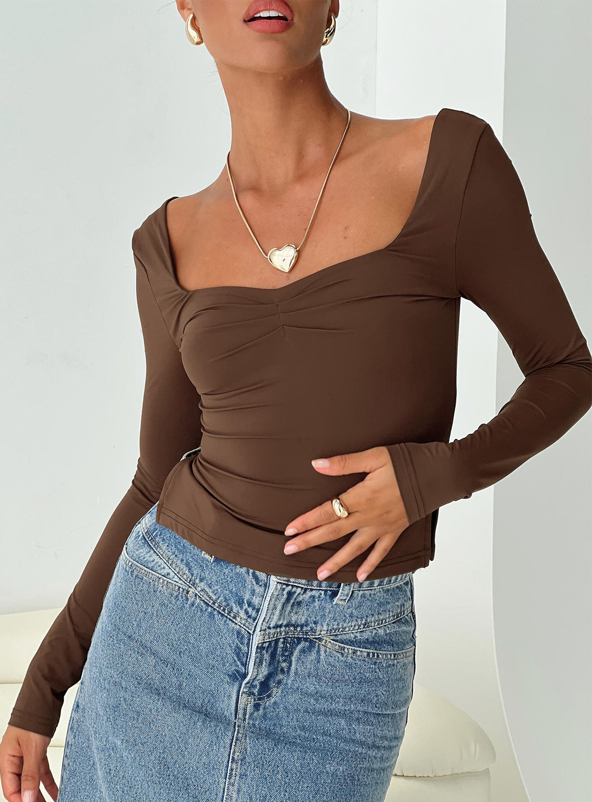 product Princess Polly Full Sleeves Square Neck  Rehna Long Sleeve Top Brown