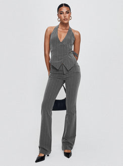front view of model wearing Princess Polly Calexico Buckle Pant Grey Pinstripe High Rise Pants Pants 