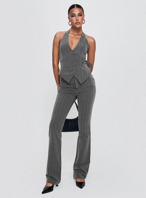 front view of model wearing Princess Polly Calexico Buckle Pant Grey Pinstripe High Rise Pants Pants 