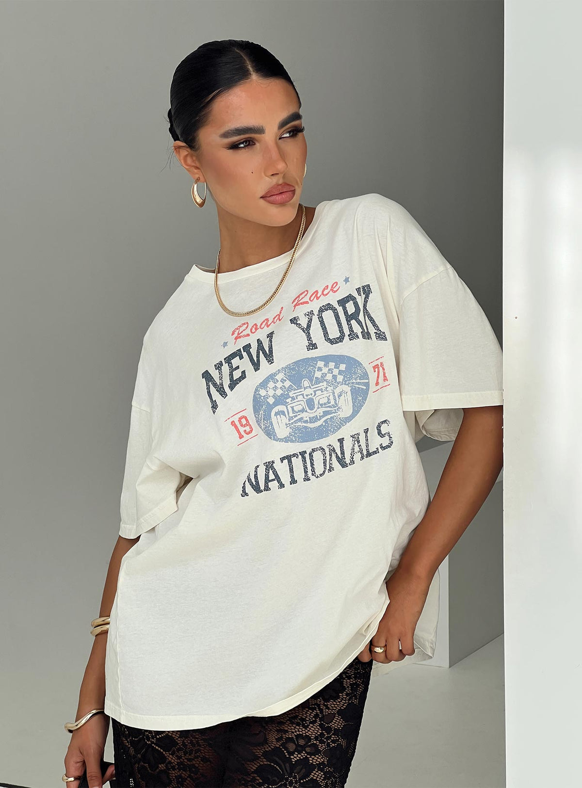 front view of model wearing Princess Polly Road Race Nationals Tee White Half Sleeves Crew Neck 