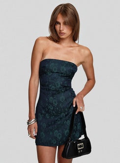back view of model wearing Princess Polly Ramie Strapless Mini Dress Navy Straight Neck 