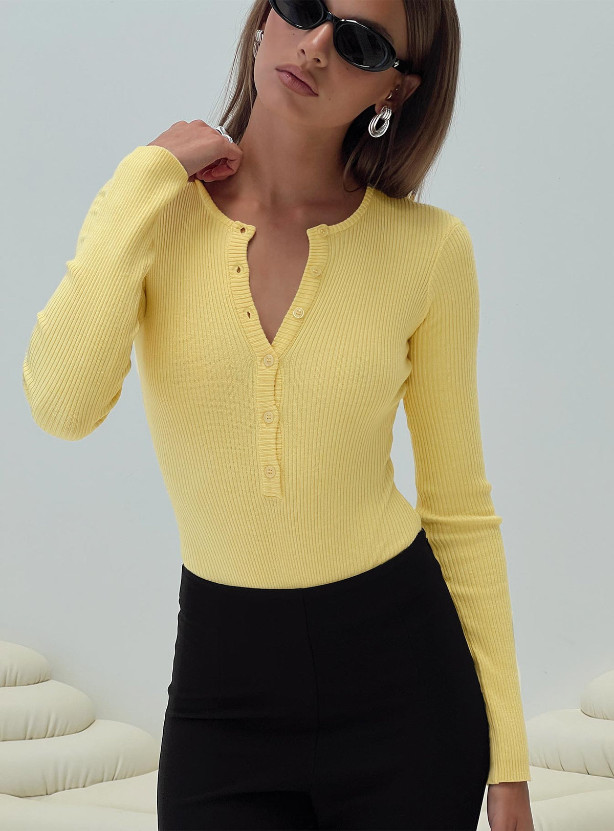 front view of model wearing Princess Polly Kerra Long Sleeve Bodysuit Lemon Long Sleeve Tops Bodysuit 