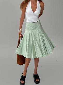 back view of model wearing Princess Polly Evangaleine Pleat Midi Skirt Green / White Midi Skirts Skirts 