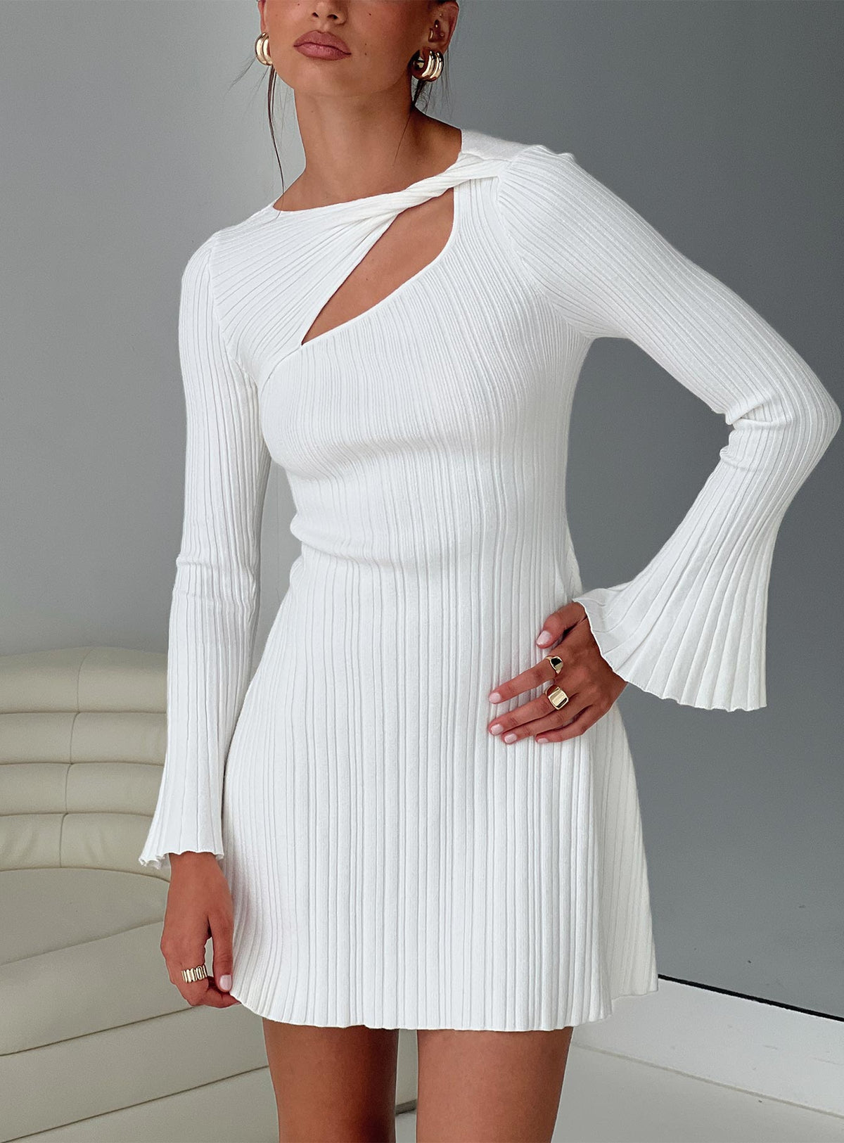 front view of model wearing Princess Polly Terraces Long Sleeve Mini Dress White High Neck 
