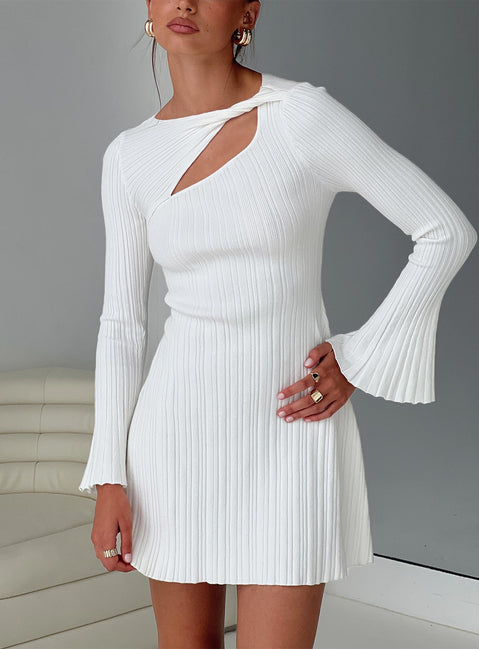front view of model wearing Princess Polly Terraces Long Sleeve Mini Dress White High Neck 