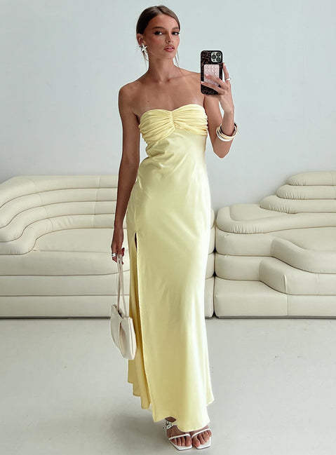back view of model wearing Princess Polly Chevalier Strapless Maxi Dress Lemon Sweetheart Neckline 