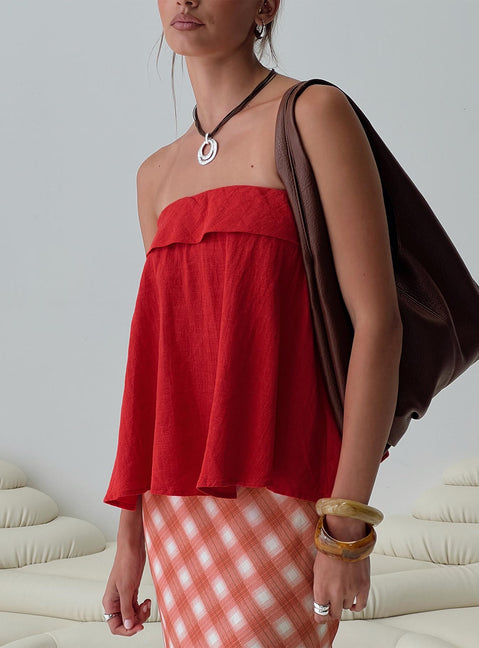 front view of model wearing Princess Polly Ethel Strapless Linen Top Red Sleeveless straight 
