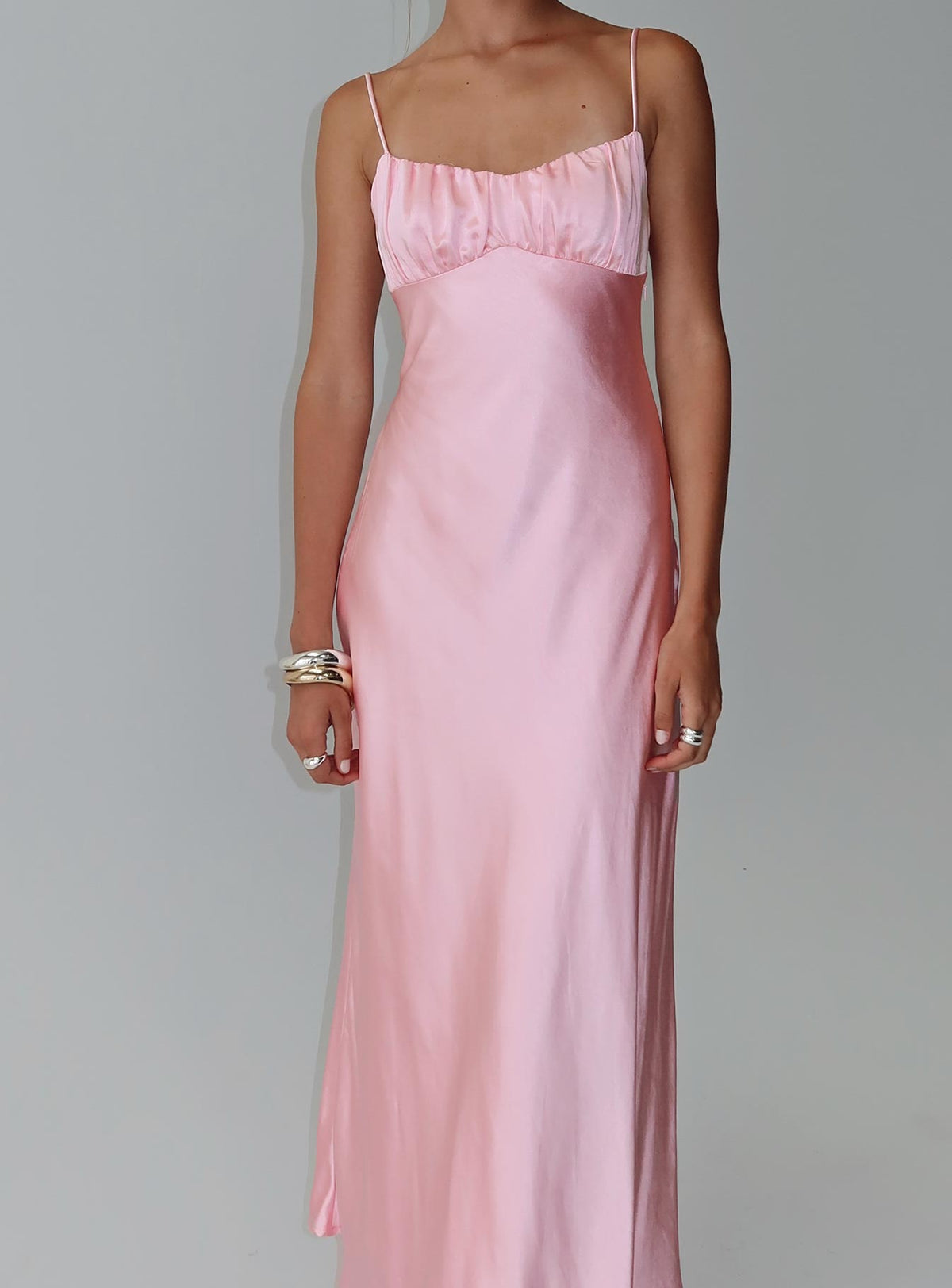 side view of model wearing Princess Polly Penelopi Maxi Dress Pink Sweetheart Neckline 