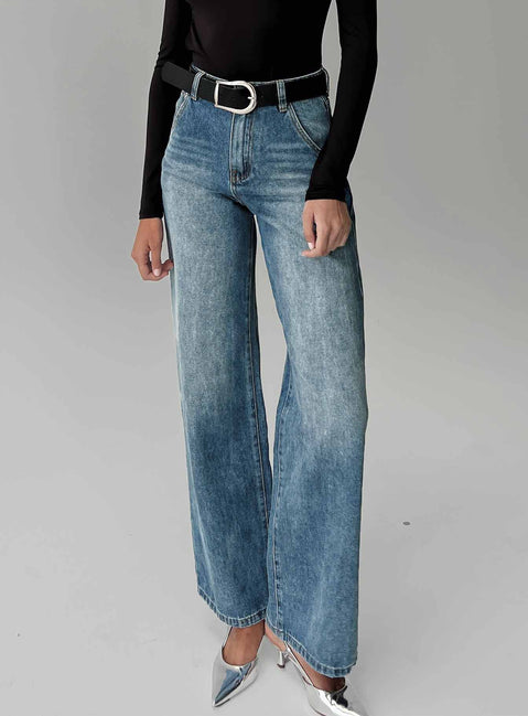 front view of model wearing Princess Polly Sacramento High Rise Straight Leg Jeans Mid Blue Denim High Rise Jeans Jeans 
