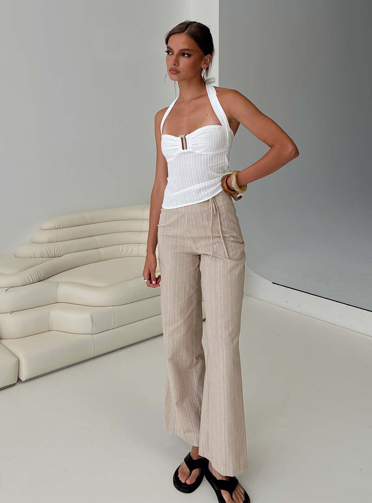 front view of model wearing Princess Polly Rush Hours Tie Up Pants Beige Pants 