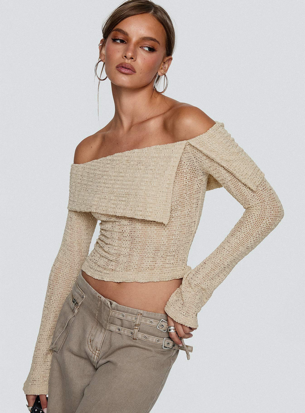 front view of model wearing Princess Polly Cardamom Long Sleeve Top Beige Full Sleeves straight 