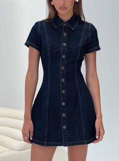 front view of model wearing Princess Polly Perception Denim Mini Dress Mid Wash High Neck 